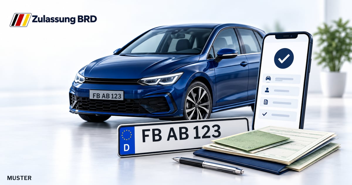 Online Fahrzeugzulassung in Bad Vilbel: Musterkennzeichen FB AB 123, Auto und Fahrzeugpapiere und Smartphone. Illustration mit Logo von Zulassung BRD.
